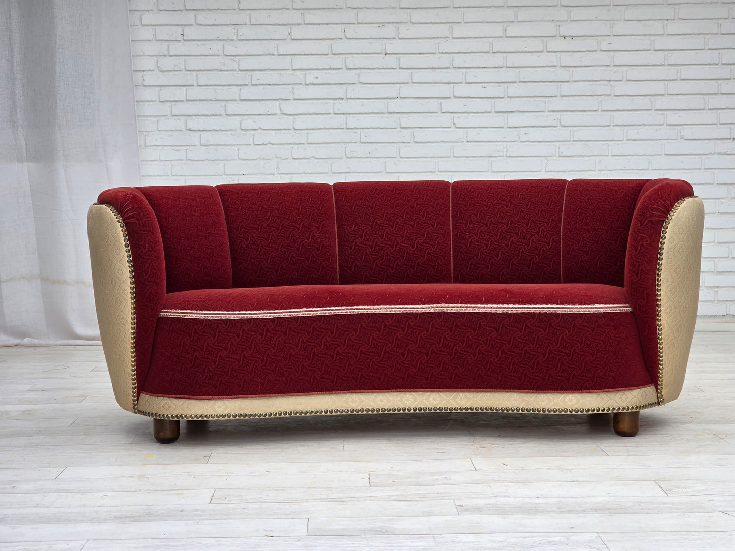 1960s, Danish curved 2-seater sofa, red/beige furniture wool fabric.