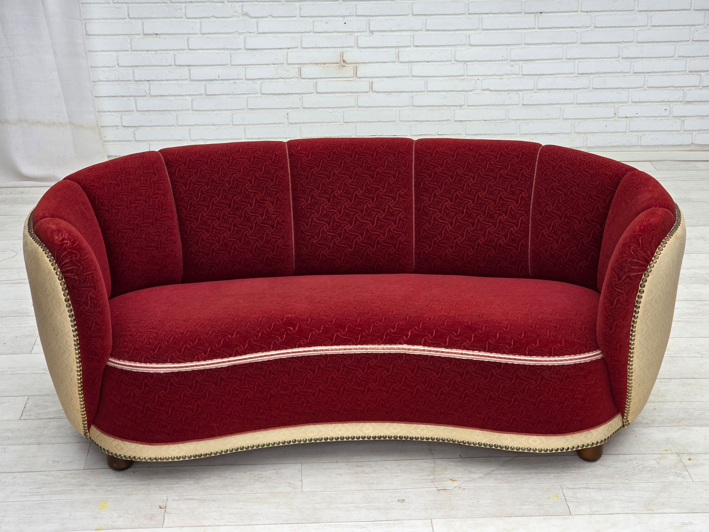 1960s, Danish curved 2-seater sofa, red/beige furniture wool fabric.