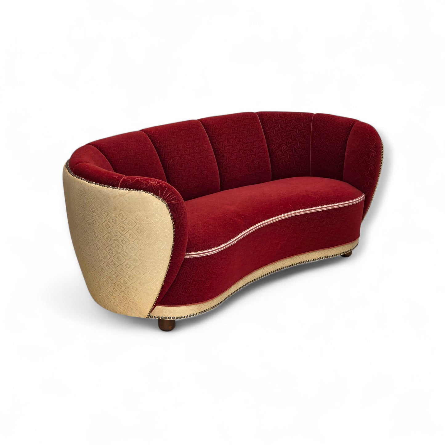 1960s, Danish curved 2-seater sofa, red/beige furniture wool fabric.