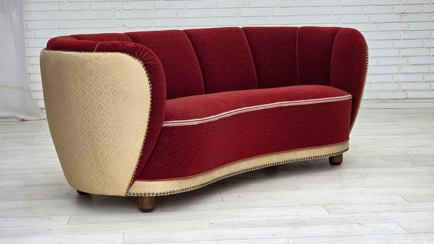 1960s, Danish curved 2-seater sofa, red/beige furniture wool fabric.
