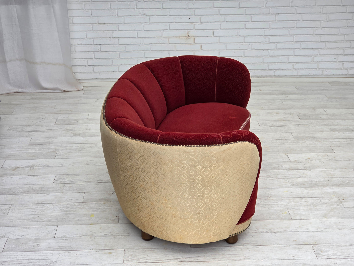 1960s, Danish curved 2-seater sofa, red/beige furniture wool fabric.