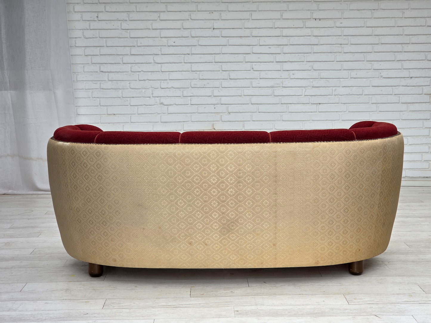 1960s, Danish curved 2-seater sofa, red/beige furniture wool fabric.