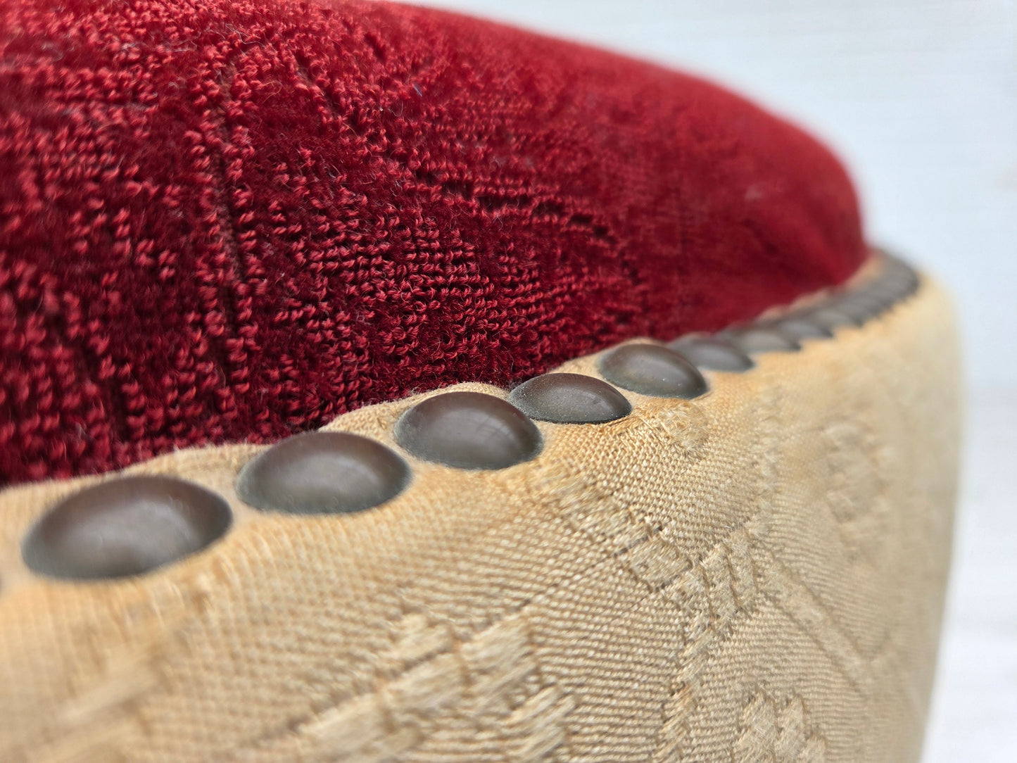 1960s, Danish curved 2-seater sofa, red/beige furniture wool fabric.