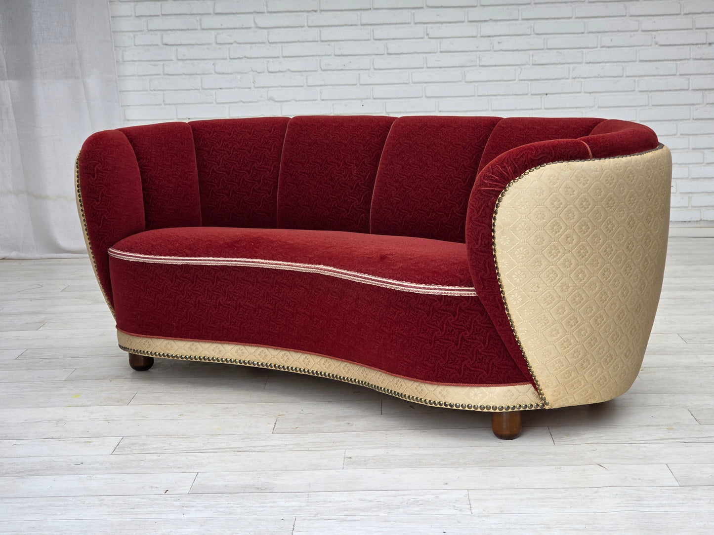 1960s, Danish curved 2-seater sofa, red/beige furniture wool fabric.