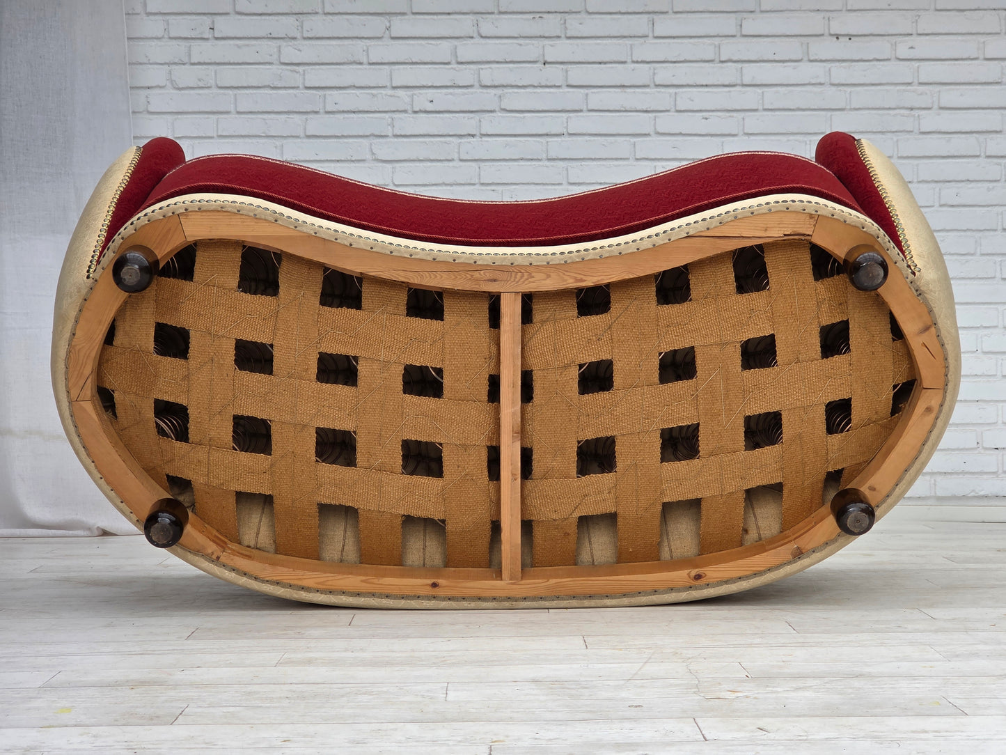 1960s, Danish curved 2-seater sofa, red/beige furniture wool fabric.