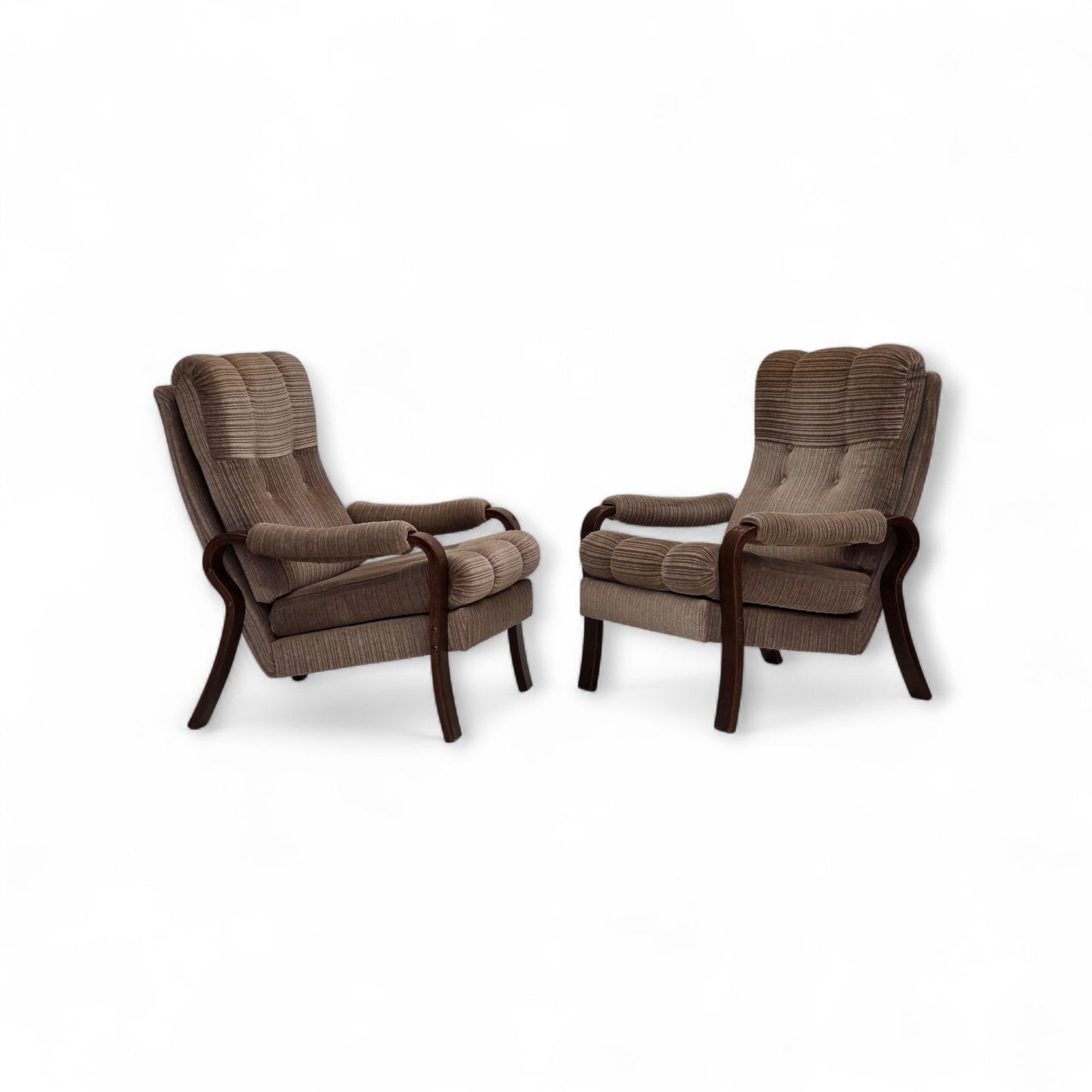 1970s, pair of Danish armchairs, light brown furniture corduroy, dark beech wood.