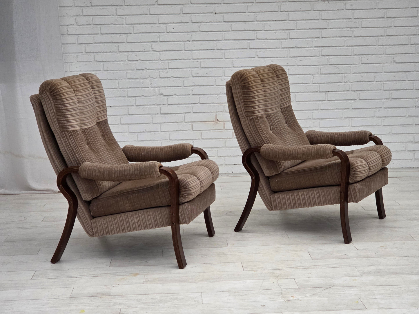 1970s, pair of Danish armchairs, light brown furniture corduroy, dark beech wood.