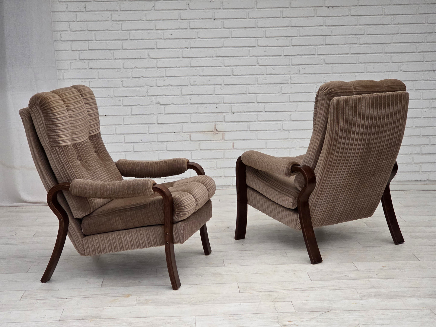 1970s, pair of Danish armchairs, light brown furniture corduroy, dark beech wood.