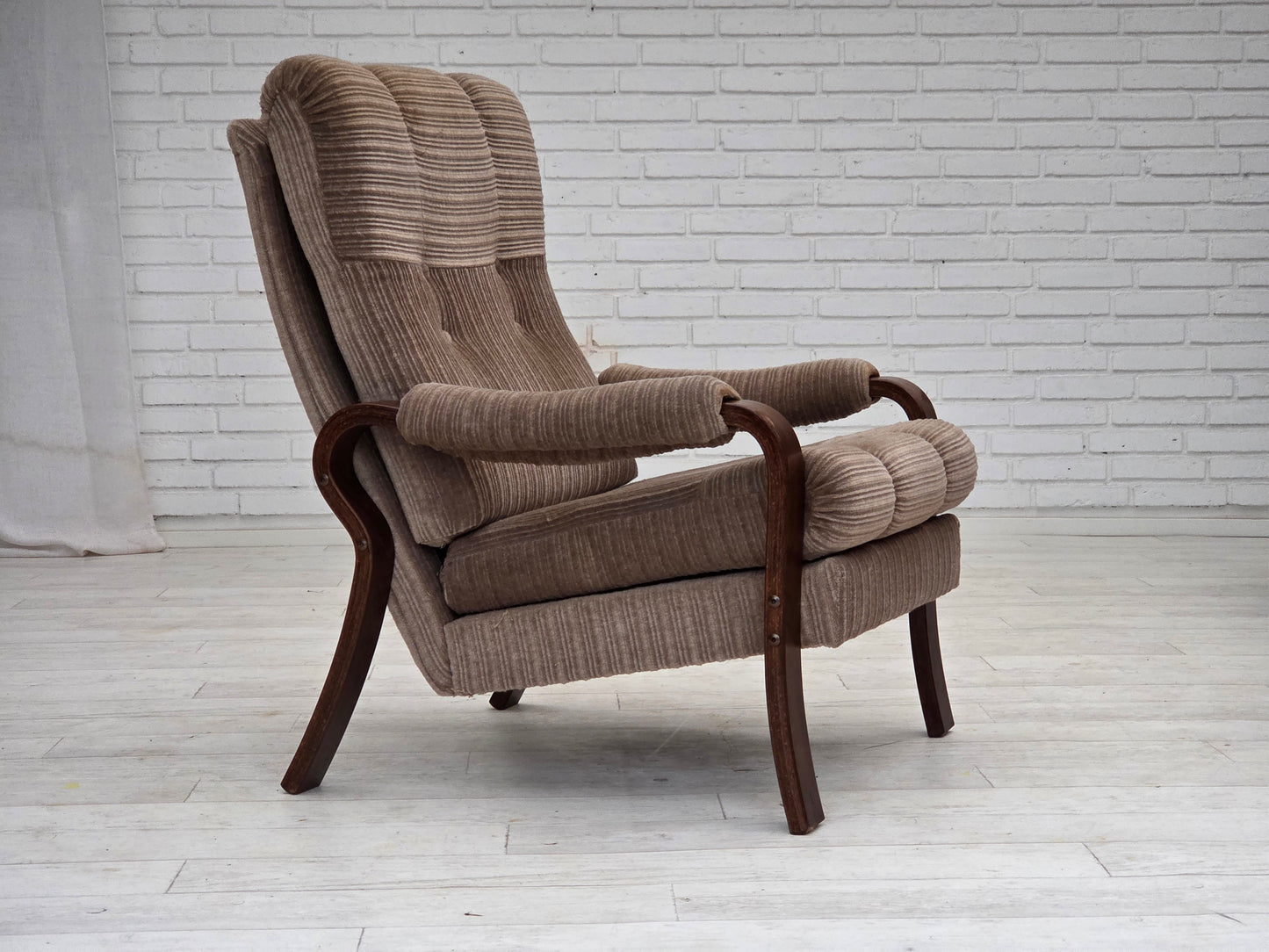 1970s, pair of Danish armchairs, light brown furniture corduroy, dark beech wood.
