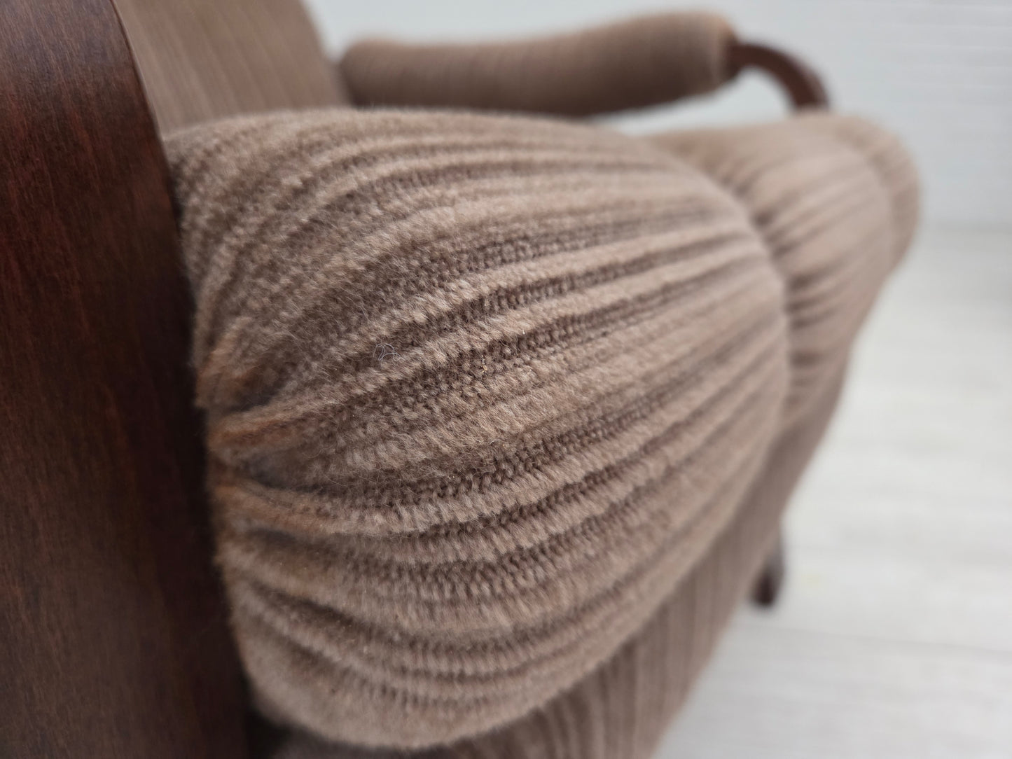 1970s, pair of Danish armchairs, light brown furniture corduroy, dark beech wood.