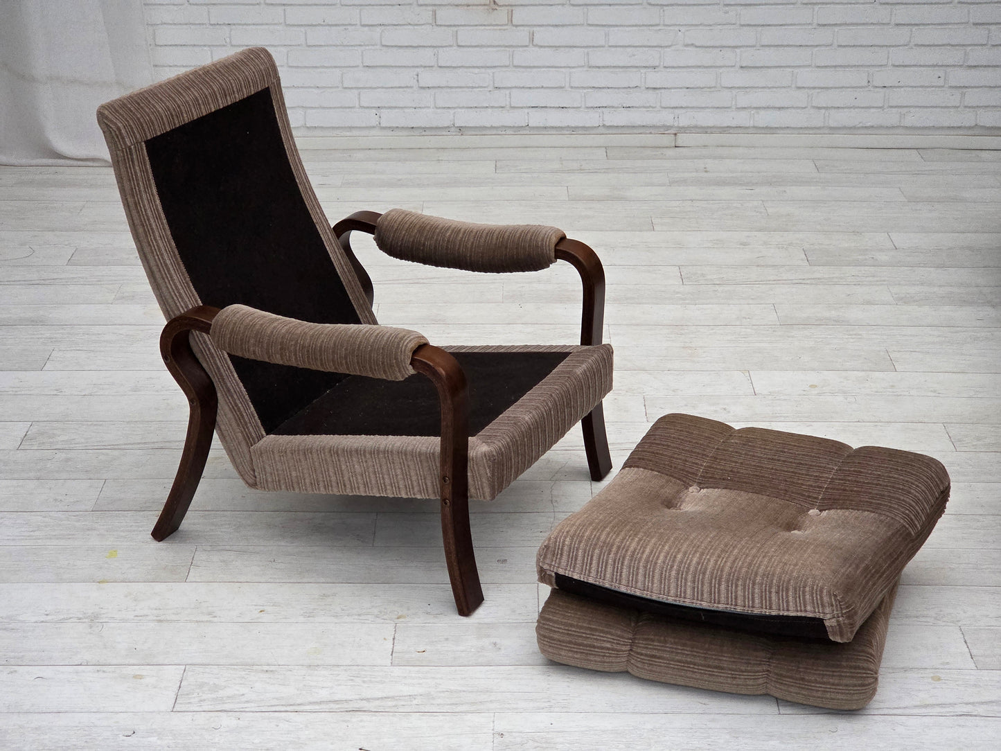 1970s, pair of Danish armchairs, light brown furniture corduroy, dark beech wood.