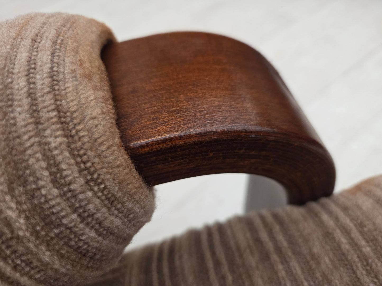 1970s, pair of Danish armchairs, light brown furniture corduroy, dark beech wood.