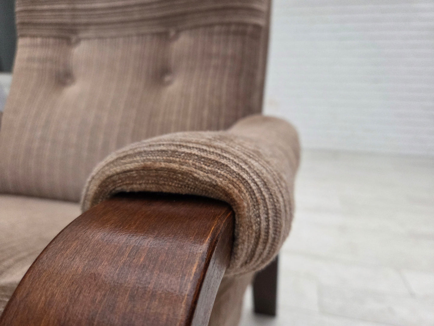 1970s, pair of Danish armchairs, light brown furniture corduroy, dark beech wood.