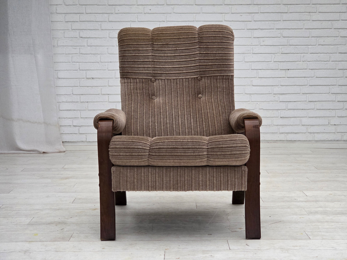 1970s, pair of Danish armchairs, light brown furniture corduroy, dark beech wood.