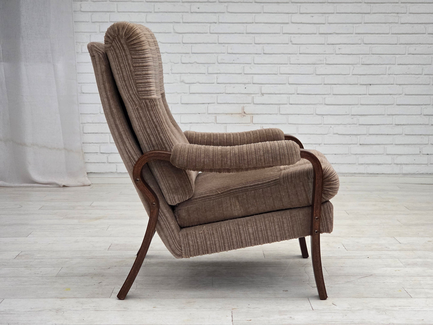 1970s, pair of Danish armchairs, light brown furniture corduroy, dark beech wood.