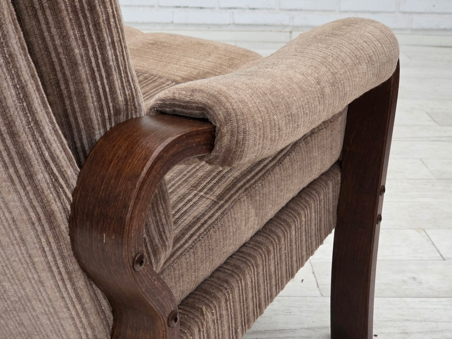 1970s, pair of Danish armchairs, light brown furniture corduroy, dark beech wood.