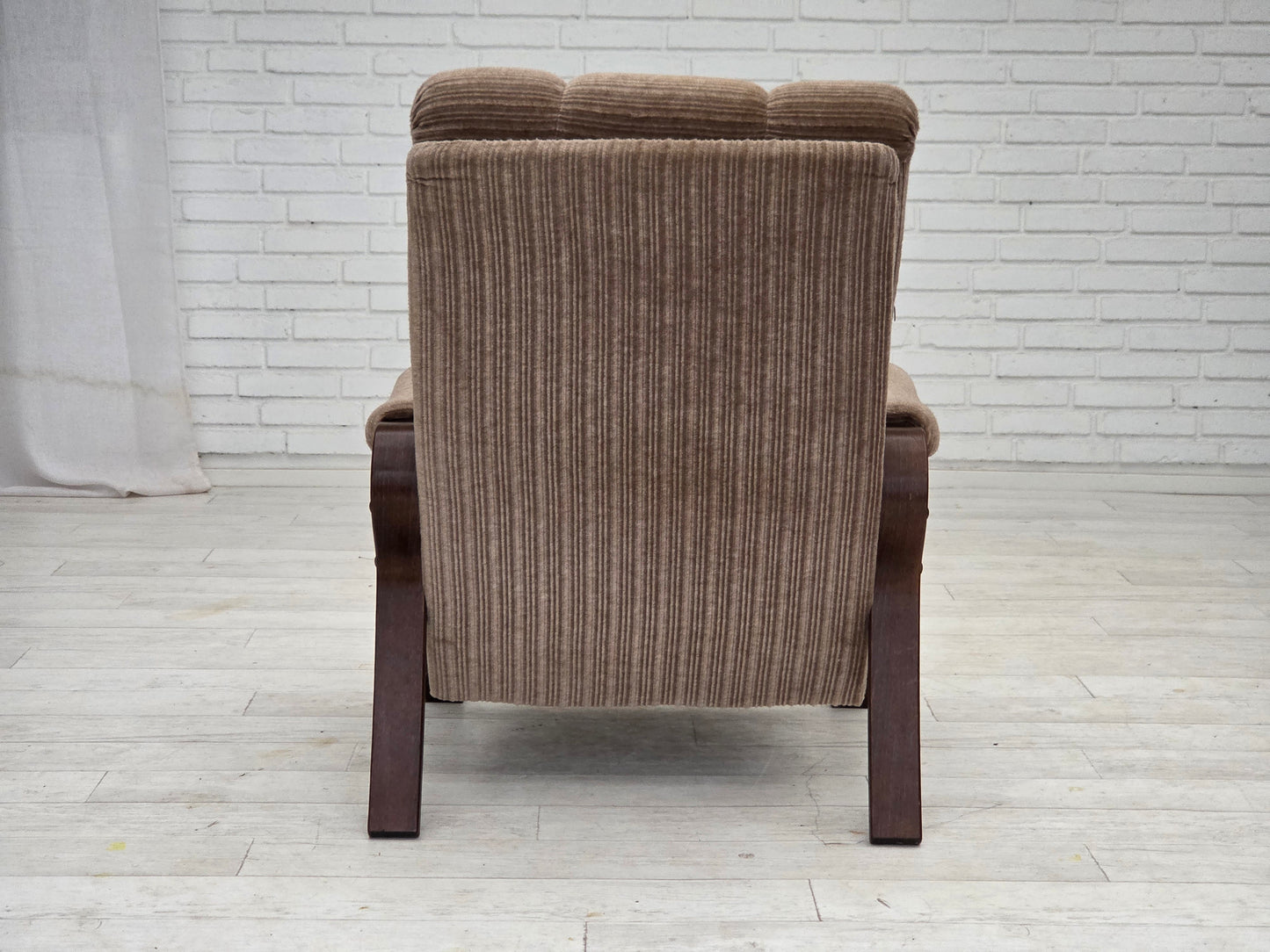 1970s, pair of Danish armchairs, light brown furniture corduroy, dark beech wood.