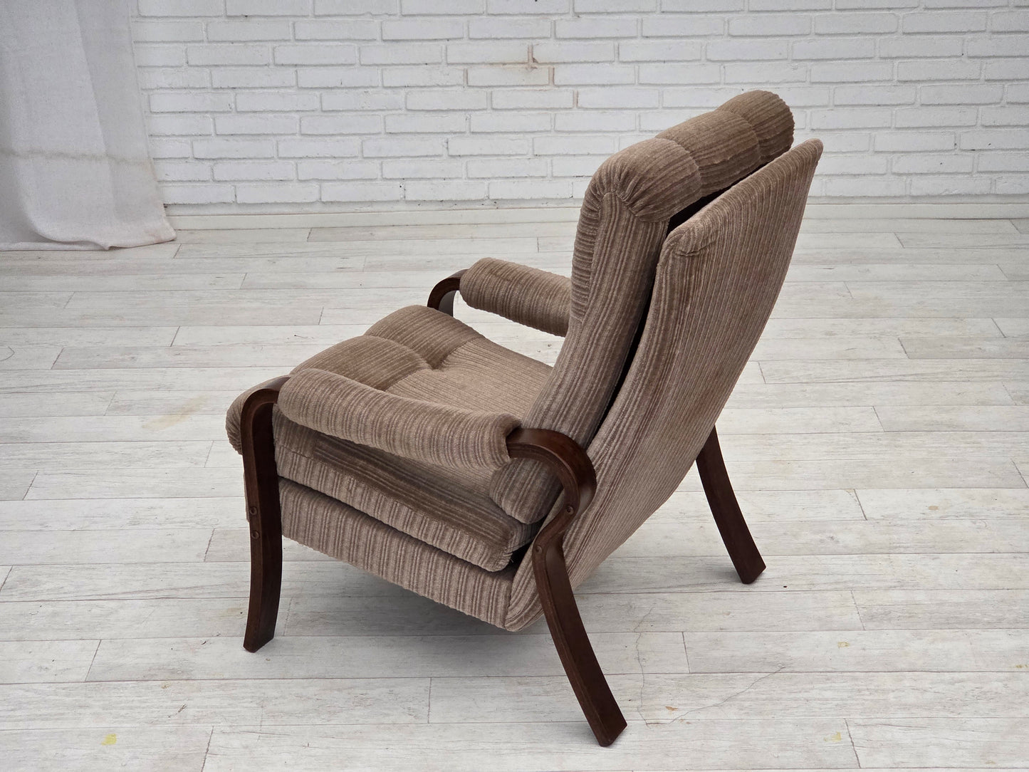 1970s, pair of Danish armchairs, light brown furniture corduroy, dark beech wood.