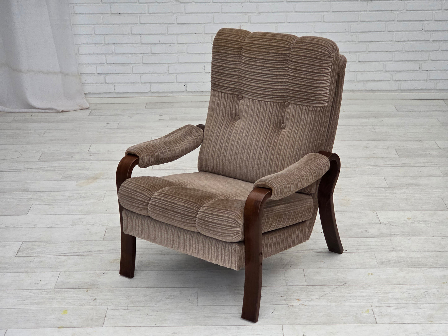1970s, pair of Danish armchairs, light brown furniture corduroy, dark beech wood.