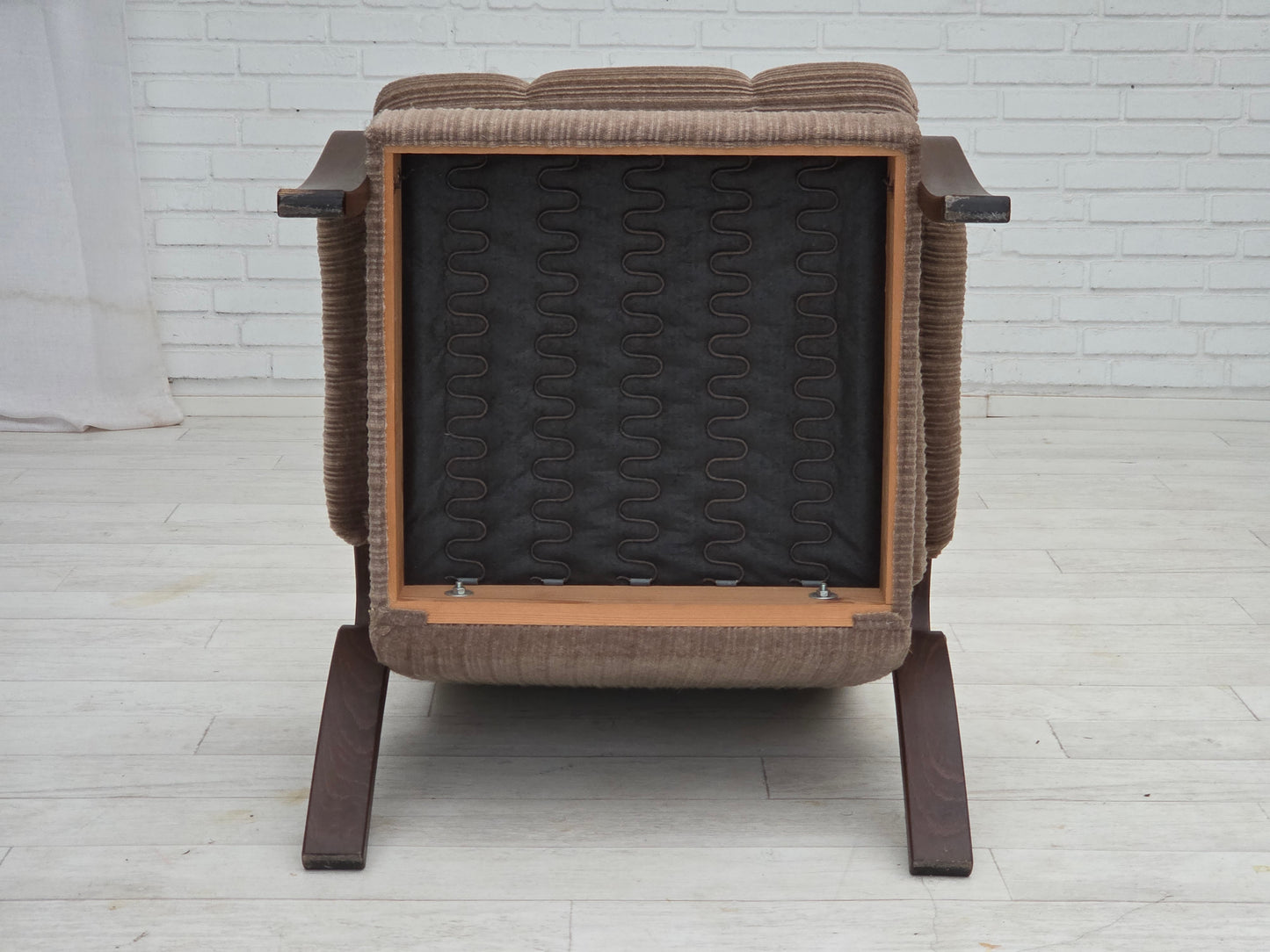 1970s, pair of Danish armchairs, light brown furniture corduroy, dark beech wood.
