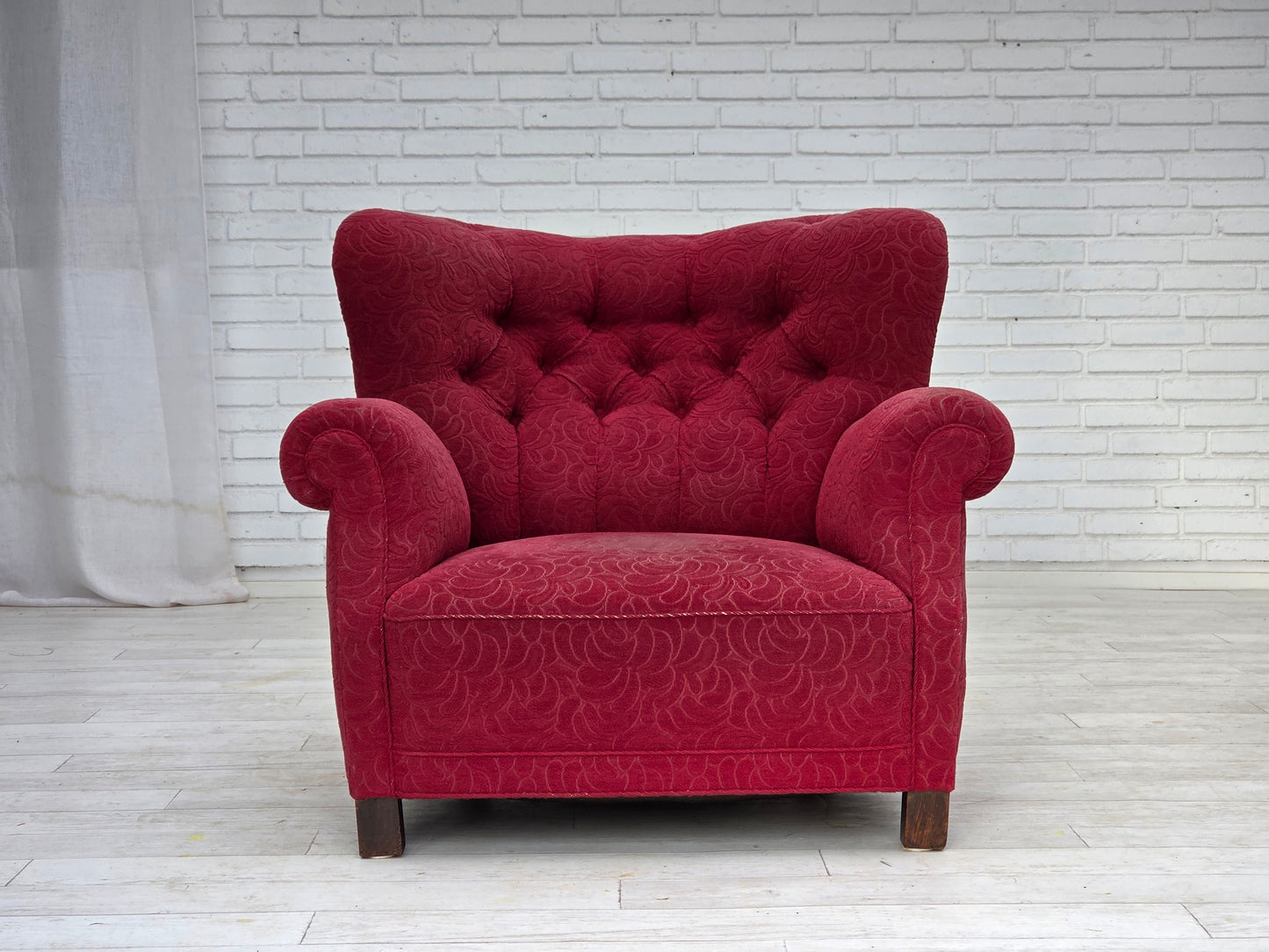 1950s, Danish relax armchair, red furniture fabric, ash wood legs.