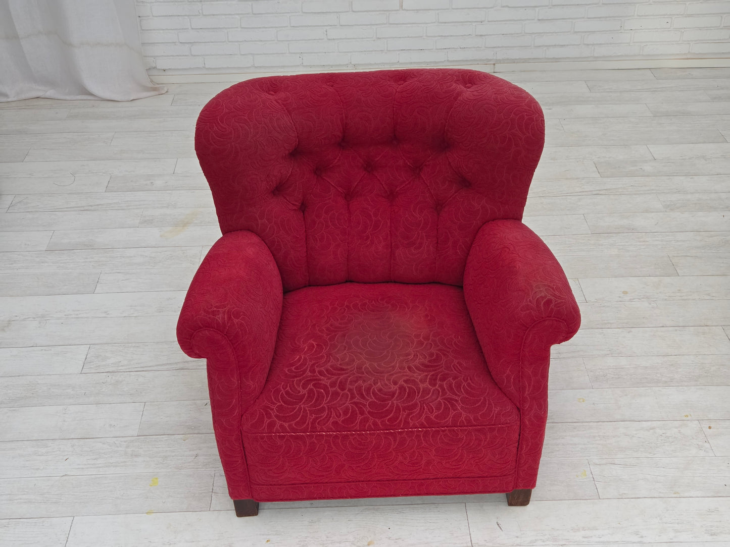 1950s, Danish relax armchair, red furniture fabric, ash wood legs.