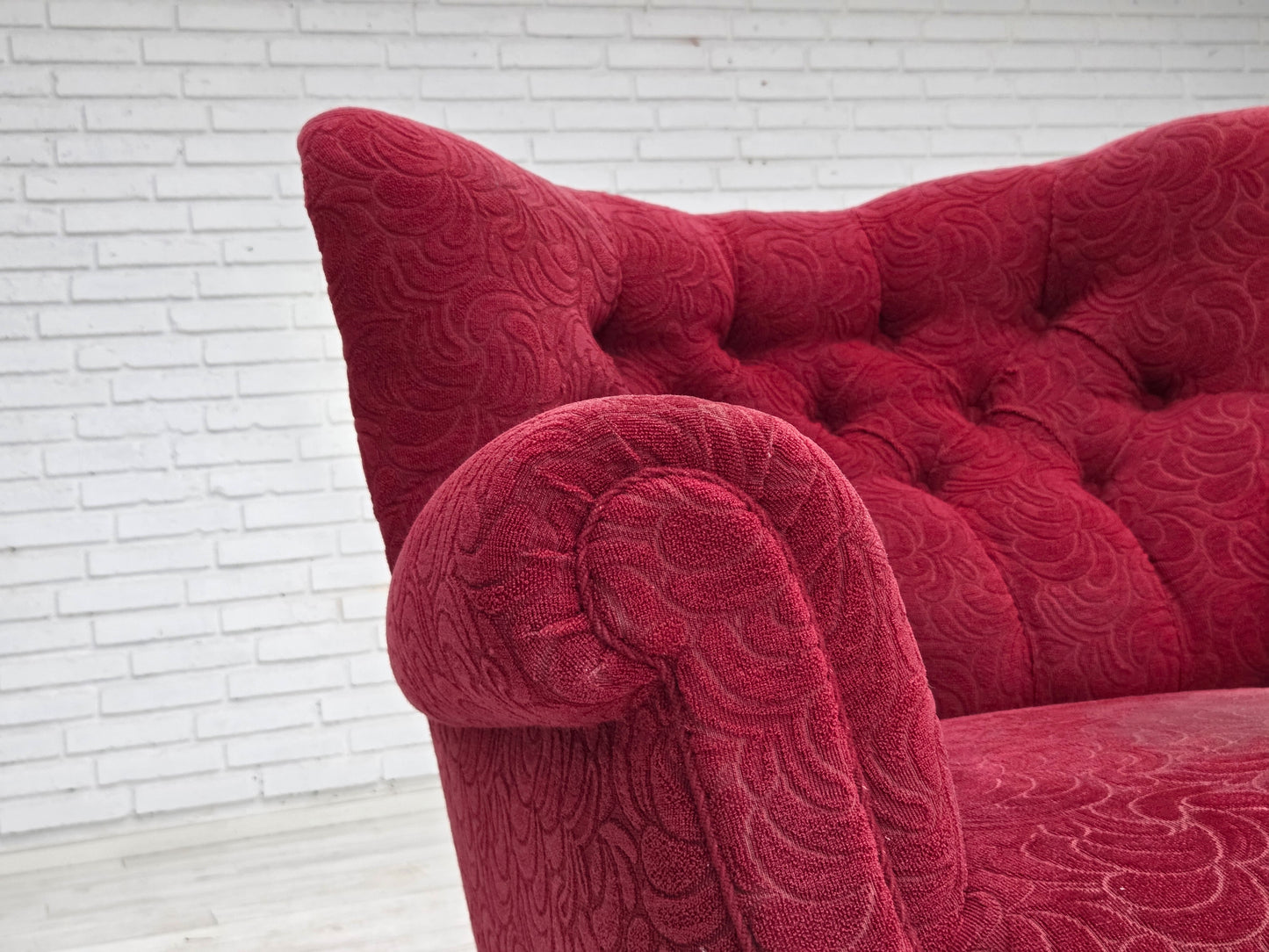 1950s, Danish relax armchair, red furniture fabric, ash wood legs.