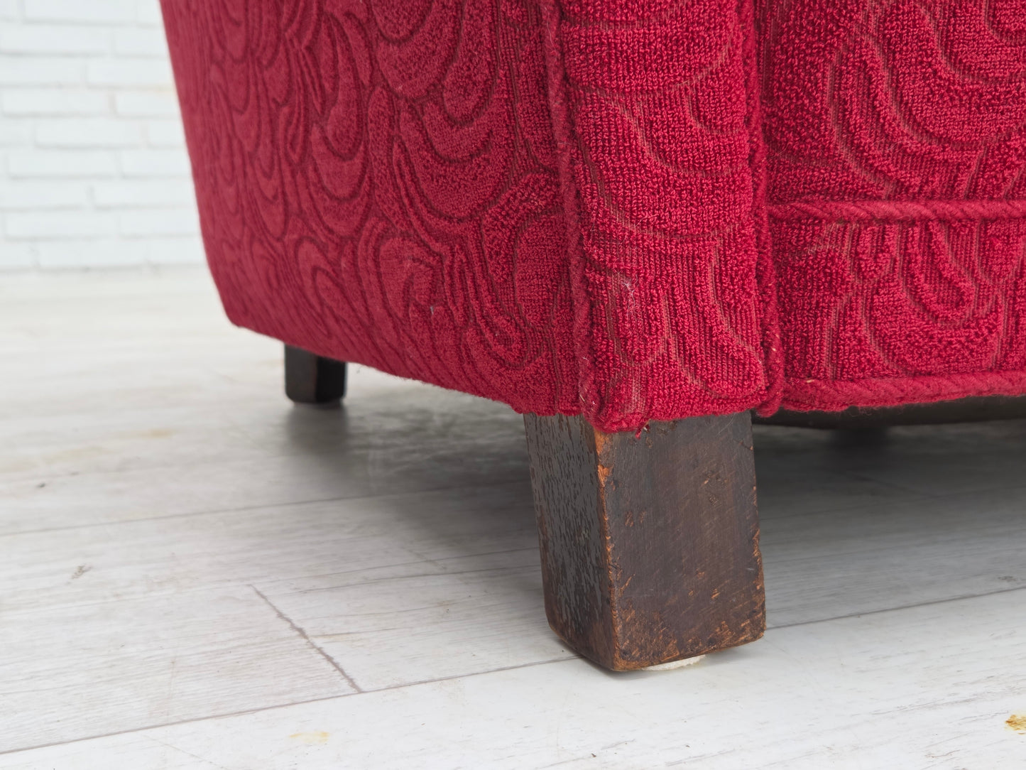 1950s, Danish relax armchair, red furniture fabric, ash wood legs.