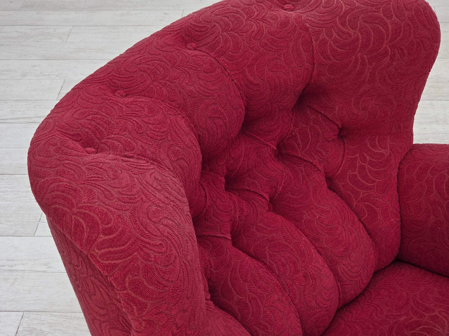 1950s, Danish relax armchair, red furniture fabric, ash wood legs.