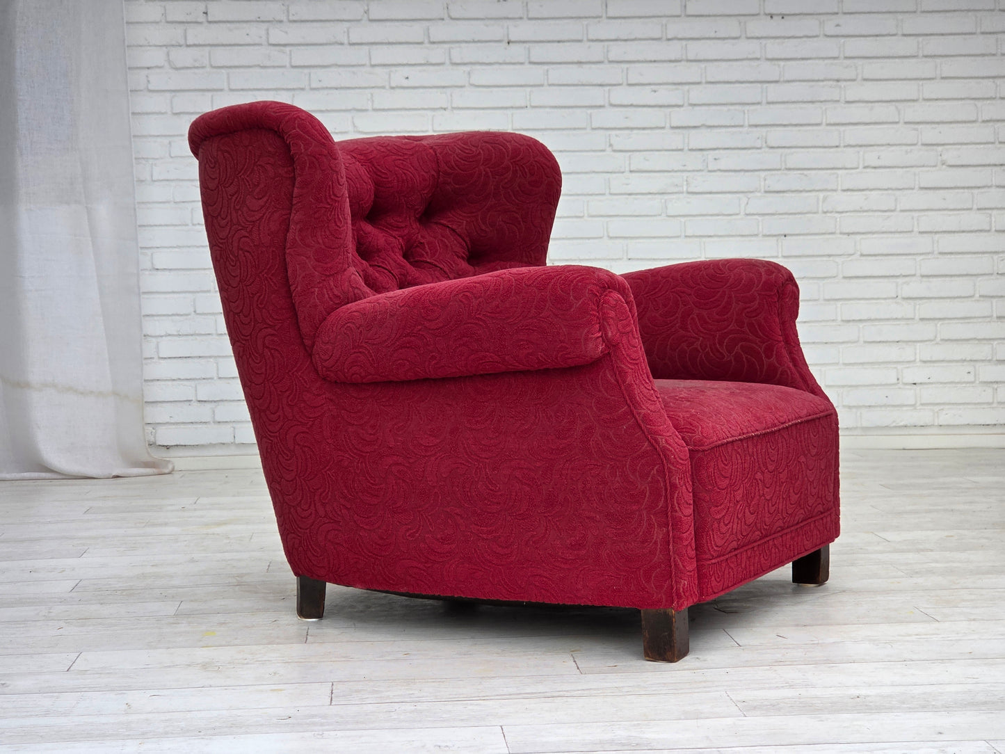 1950s, Danish relax armchair, red furniture fabric, ash wood legs.