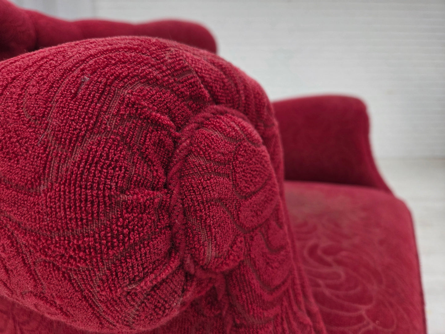 1950s, Danish relax armchair, red furniture fabric, ash wood legs.