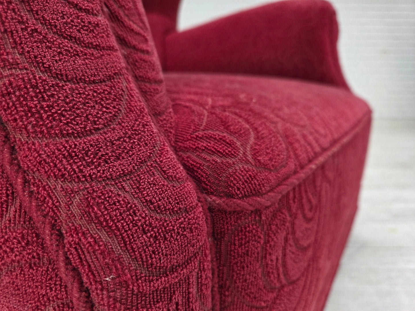 1950s, Danish relax armchair, red furniture fabric, ash wood legs.