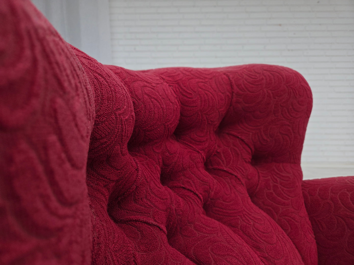 1950s, Danish relax armchair, red furniture fabric, ash wood legs.