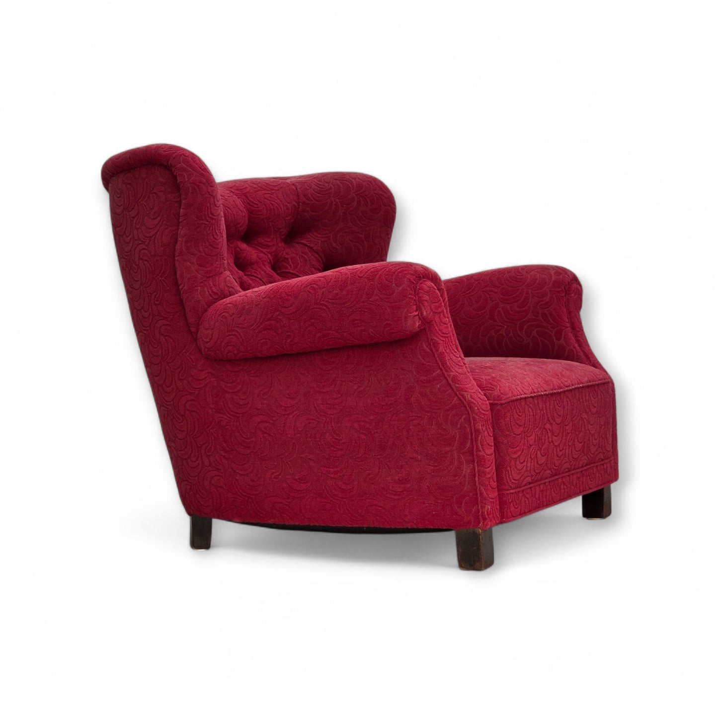 1950s, Danish relax armchair, red furniture fabric, ash wood legs.