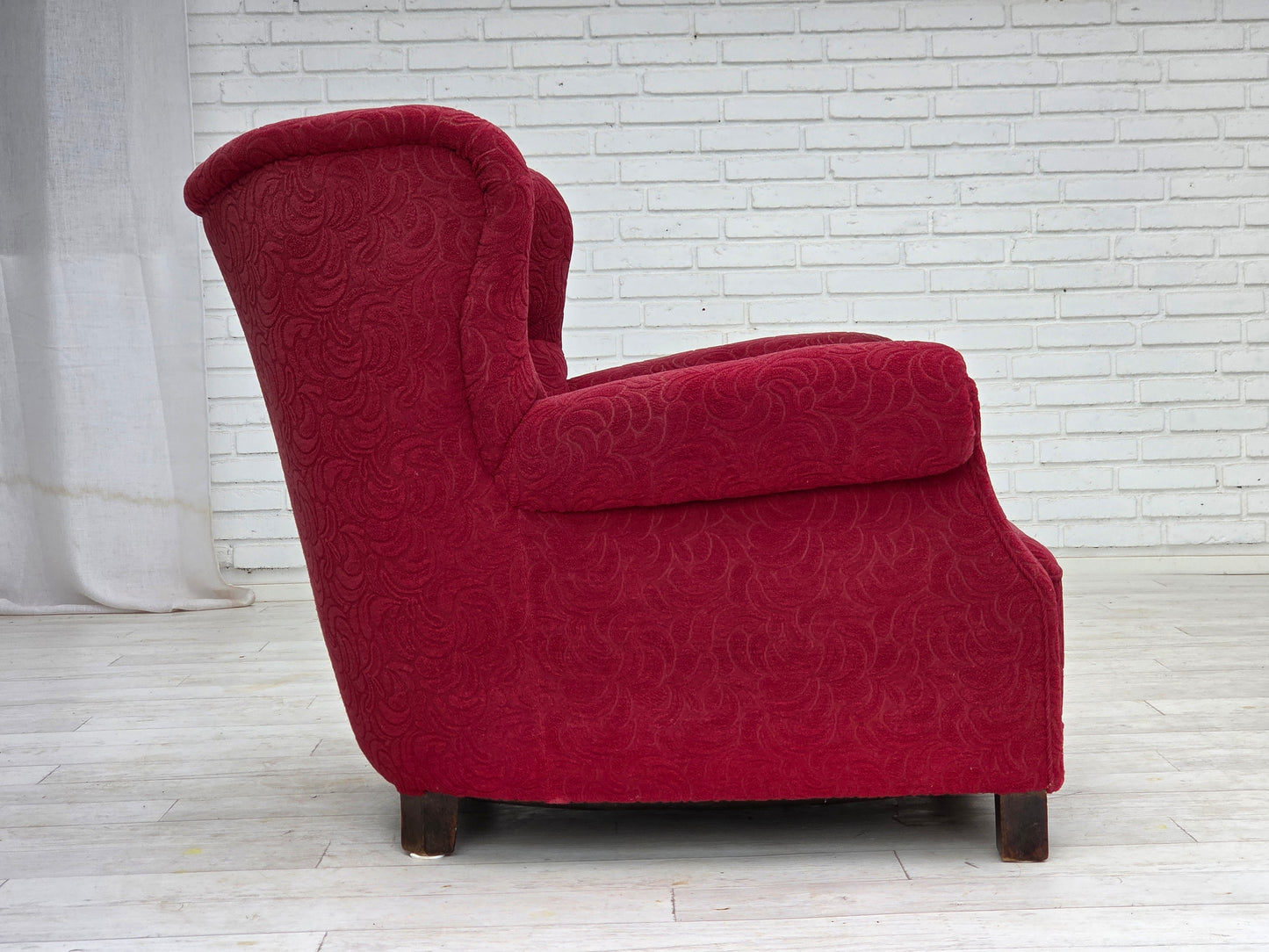 1950s, Danish relax armchair, red furniture fabric, ash wood legs.