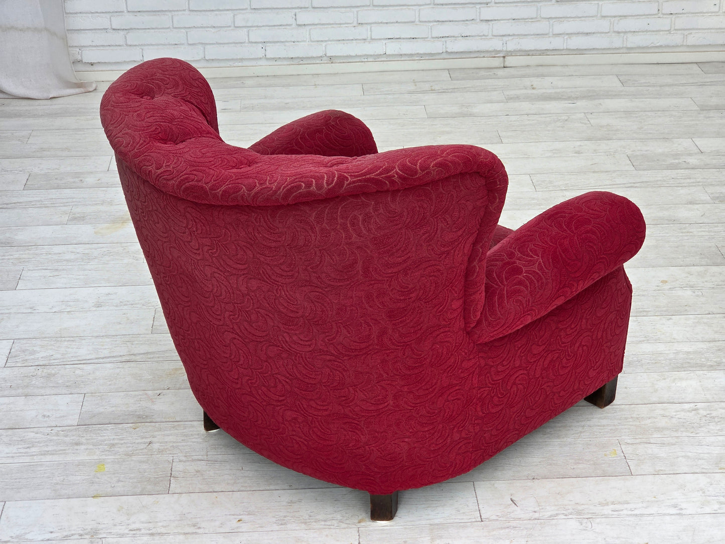 1950s, Danish relax armchair, red furniture fabric, ash wood legs.