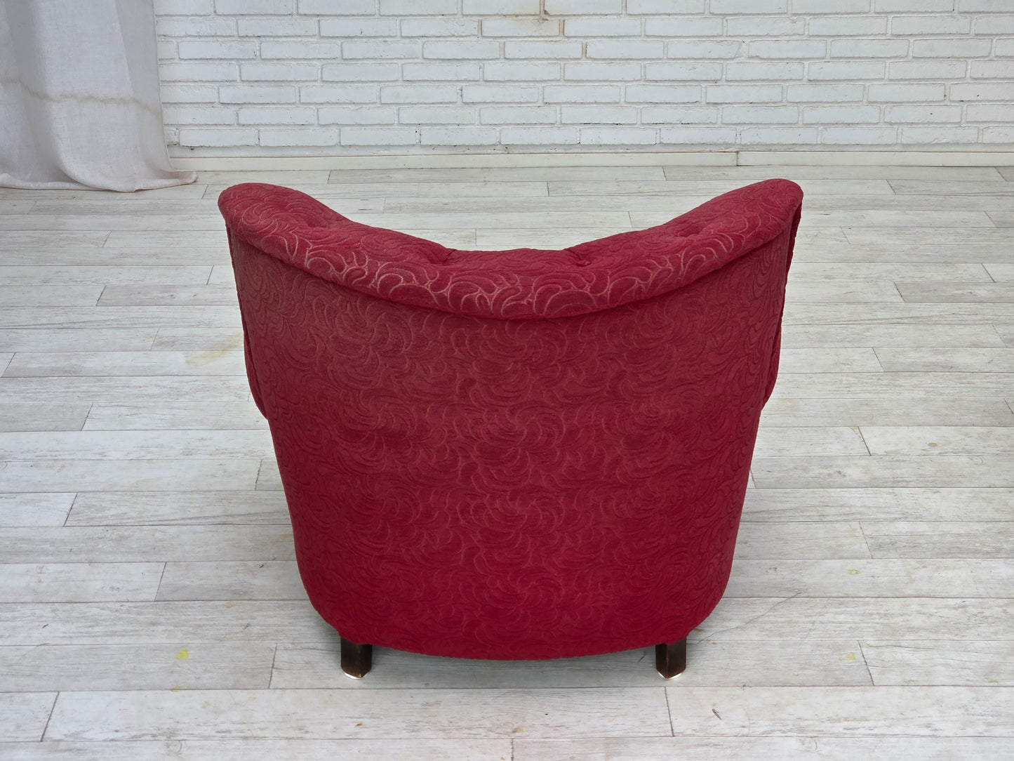 1950s, Danish relax armchair, red furniture fabric, ash wood legs.