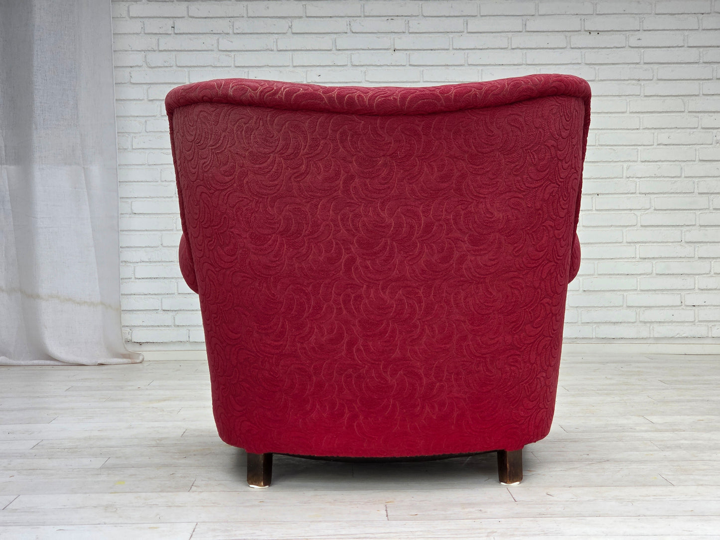 1950s, Danish relax armchair, red furniture fabric, ash wood legs.