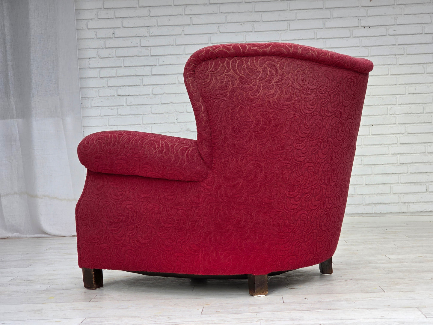 1950s, Danish relax armchair, red furniture fabric, ash wood legs.