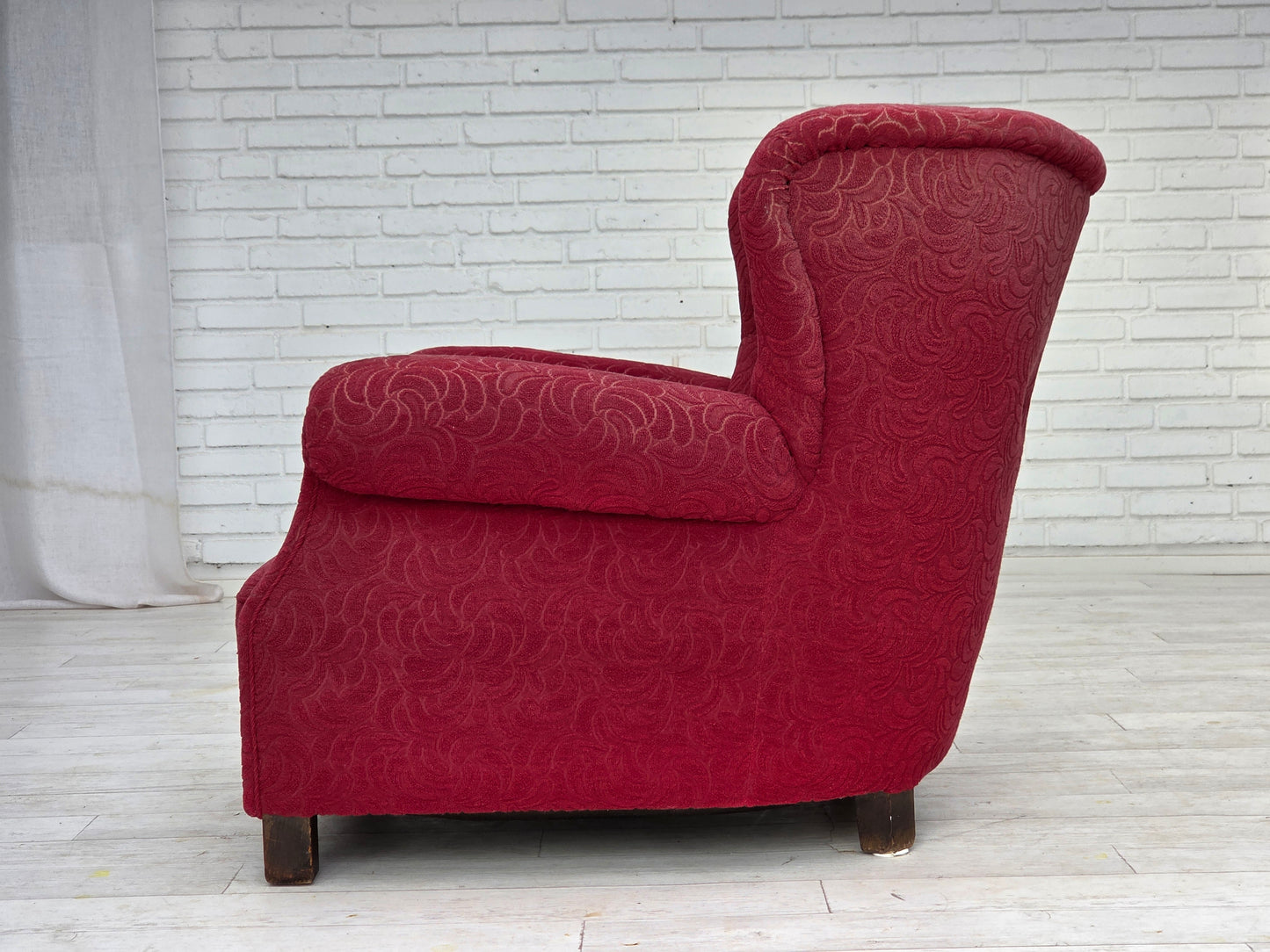 1950s, Danish relax armchair, red furniture fabric, ash wood legs.