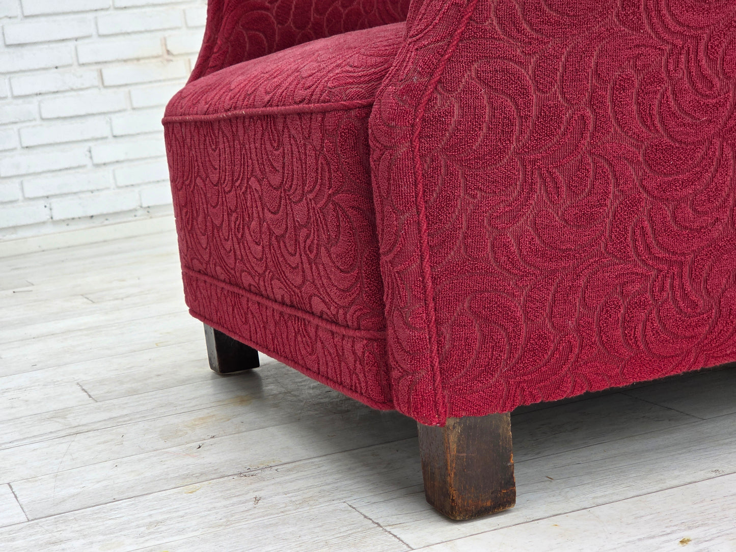 1950s, Danish relax armchair, red furniture fabric, ash wood legs.