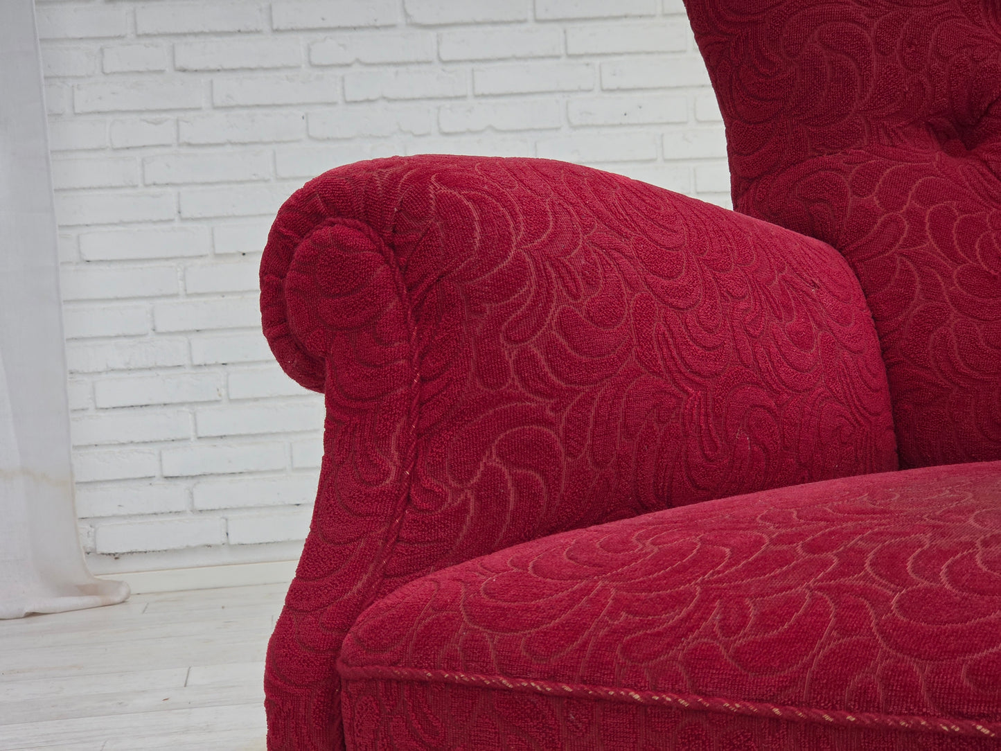 1950s, Danish relax armchair, red furniture fabric, ash wood legs.