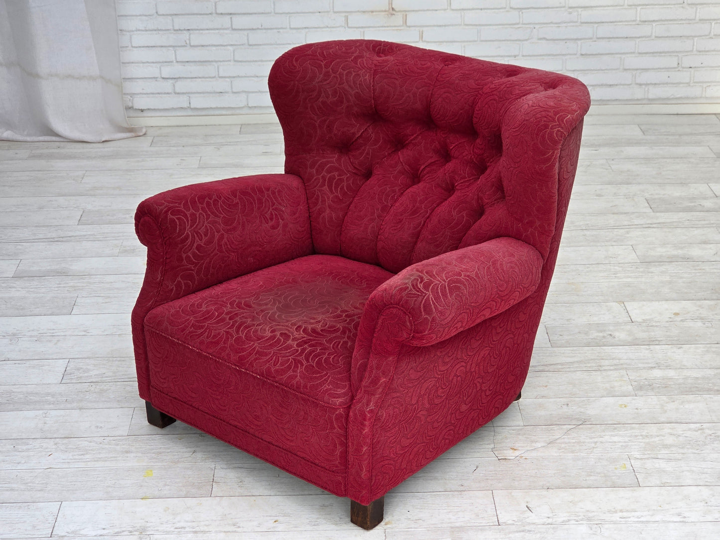 1950s, Danish relax armchair, red furniture fabric, ash wood legs.