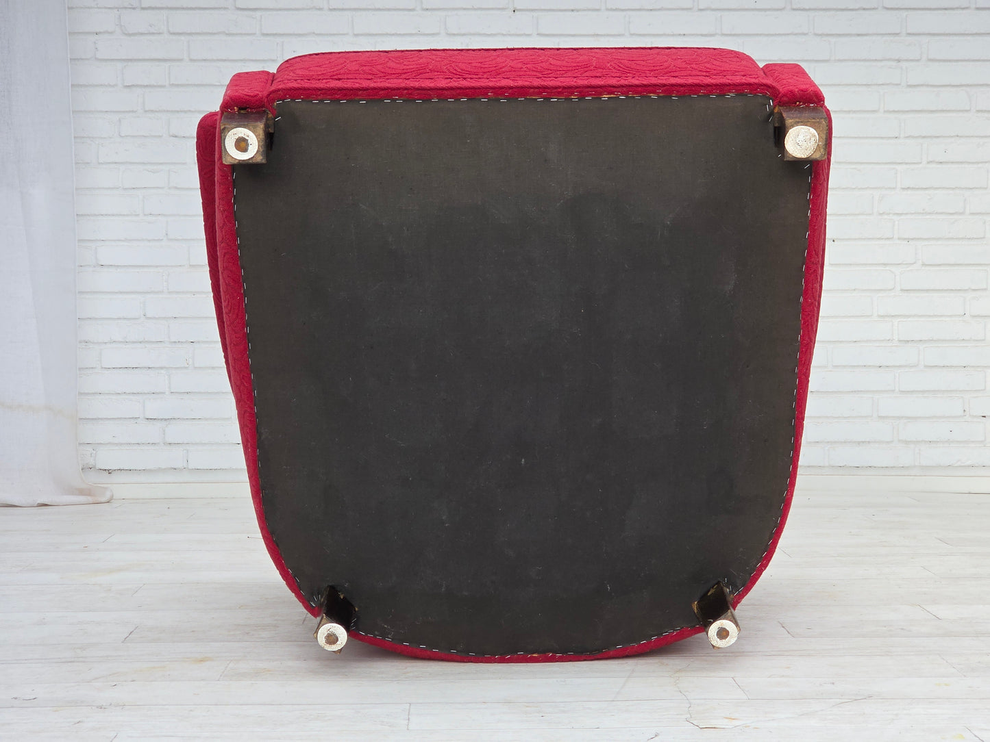 1950s, Danish relax armchair, red furniture fabric, ash wood legs.