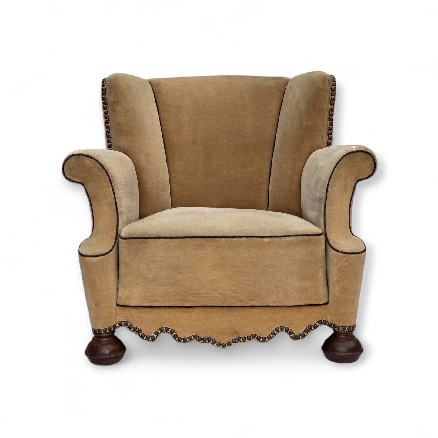 1950s, Danish relax chair, furniture velour with patina, oak wood legs.