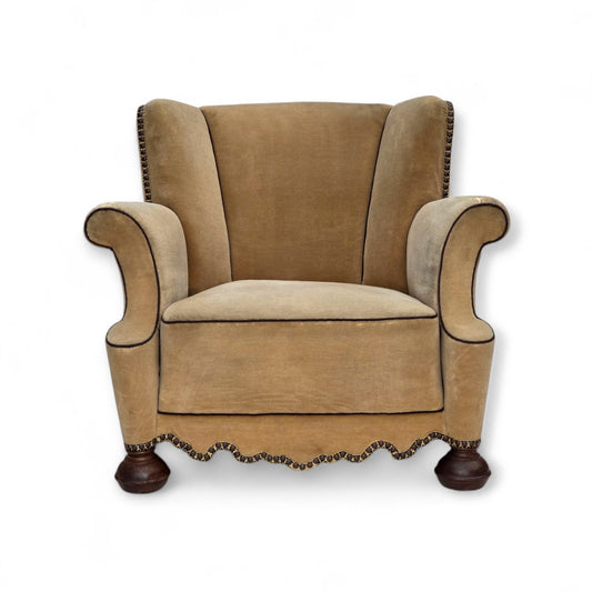 1950s, Danish relax chair, furniture velour with patina, oak wood legs.