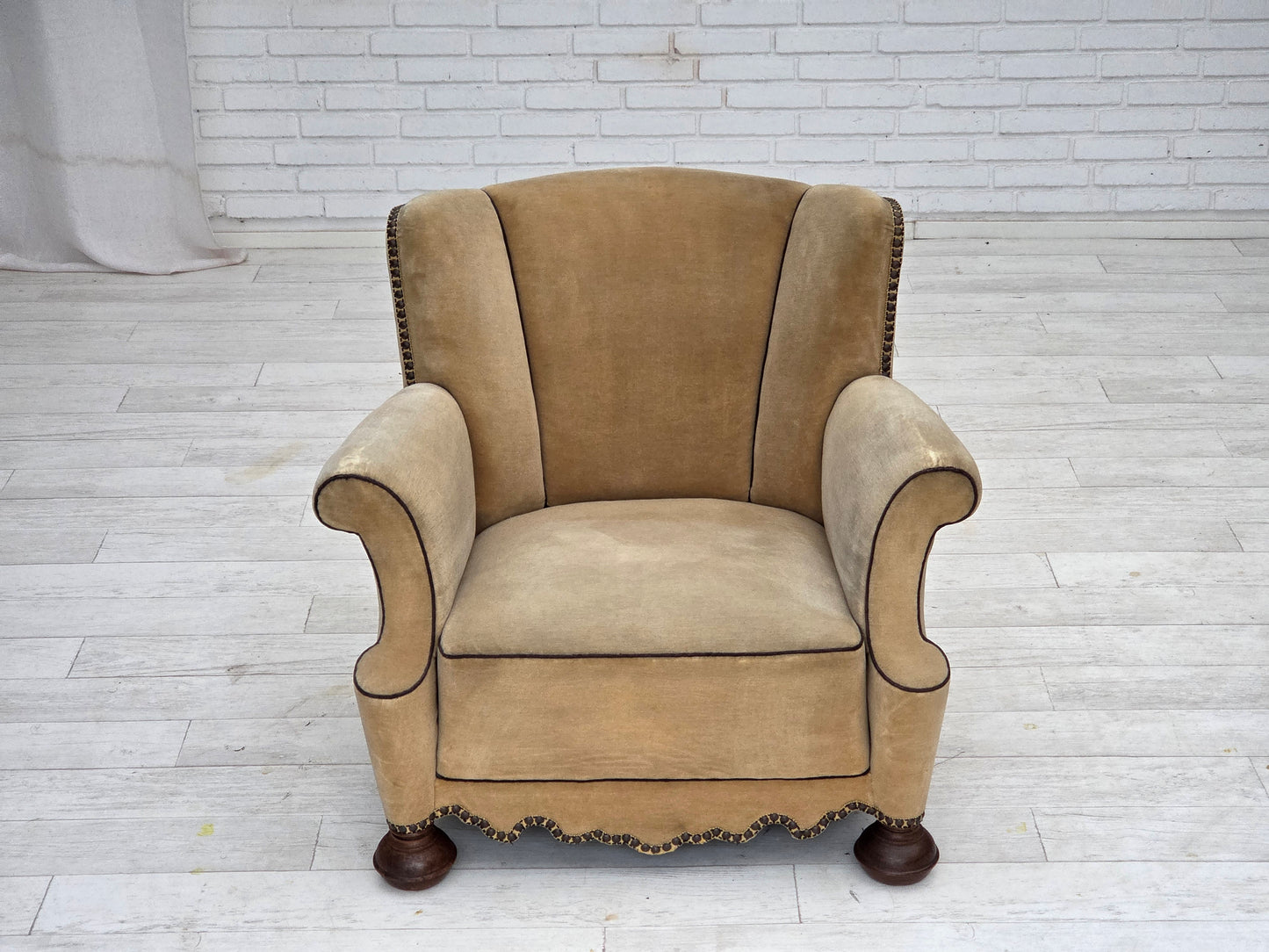 1950s, Danish relax chair, furniture velour with patina, oak wood legs.
