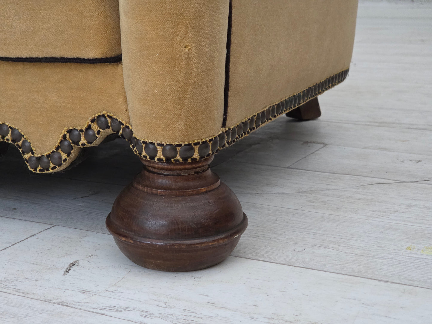 1950s, Danish relax chair, furniture velour with patina, oak wood legs.