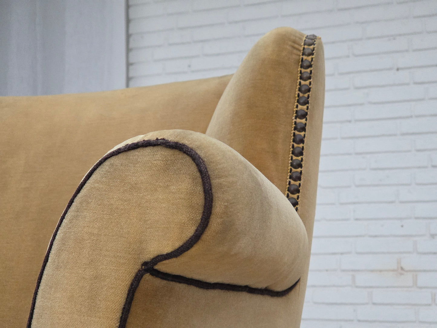 1950s, Danish relax chair, furniture velour with patina, oak wood legs.