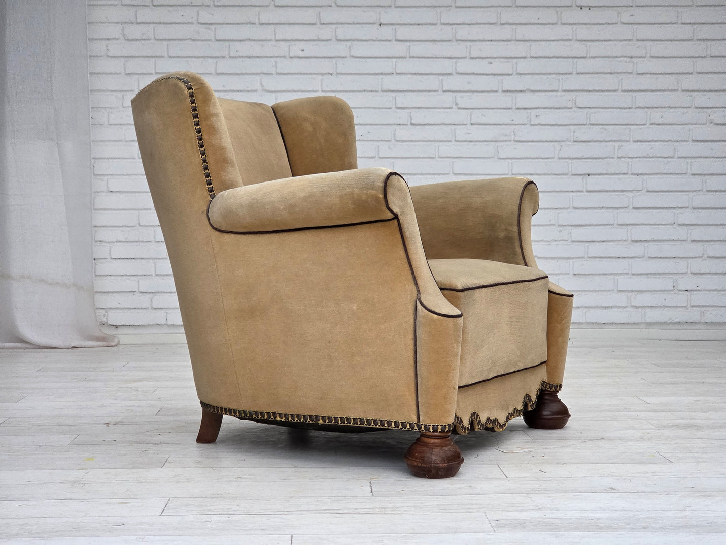 1950s, Danish relax chair, furniture velour with patina, oak wood legs.